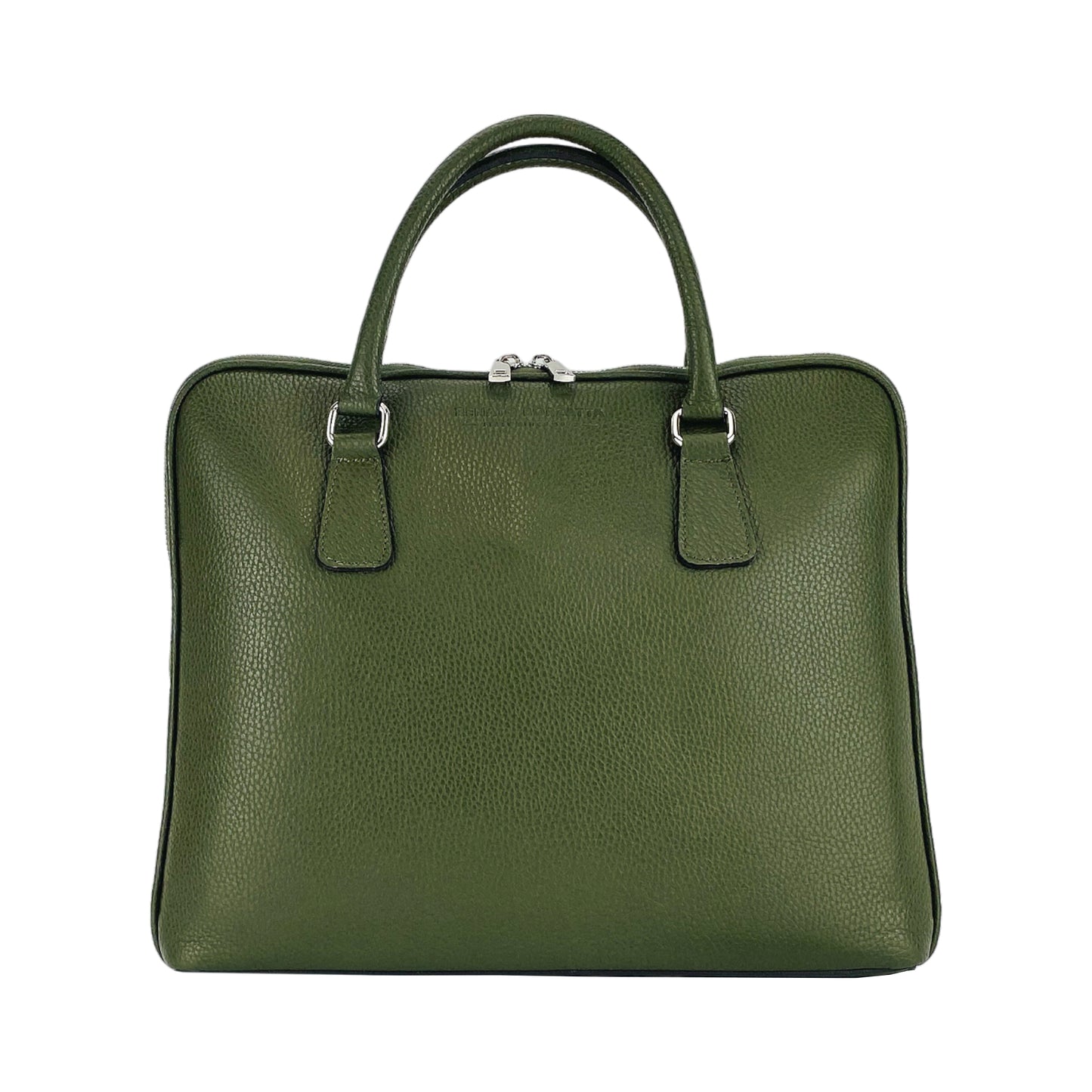 RB1019E | Unisex Business Briefcase in Genuine Leather Made in Italy with removable shoulder strap. Attachments with shiny nickel metal snap hooks - Green color - Dimensions: 37 x 29 x 6.5 cm