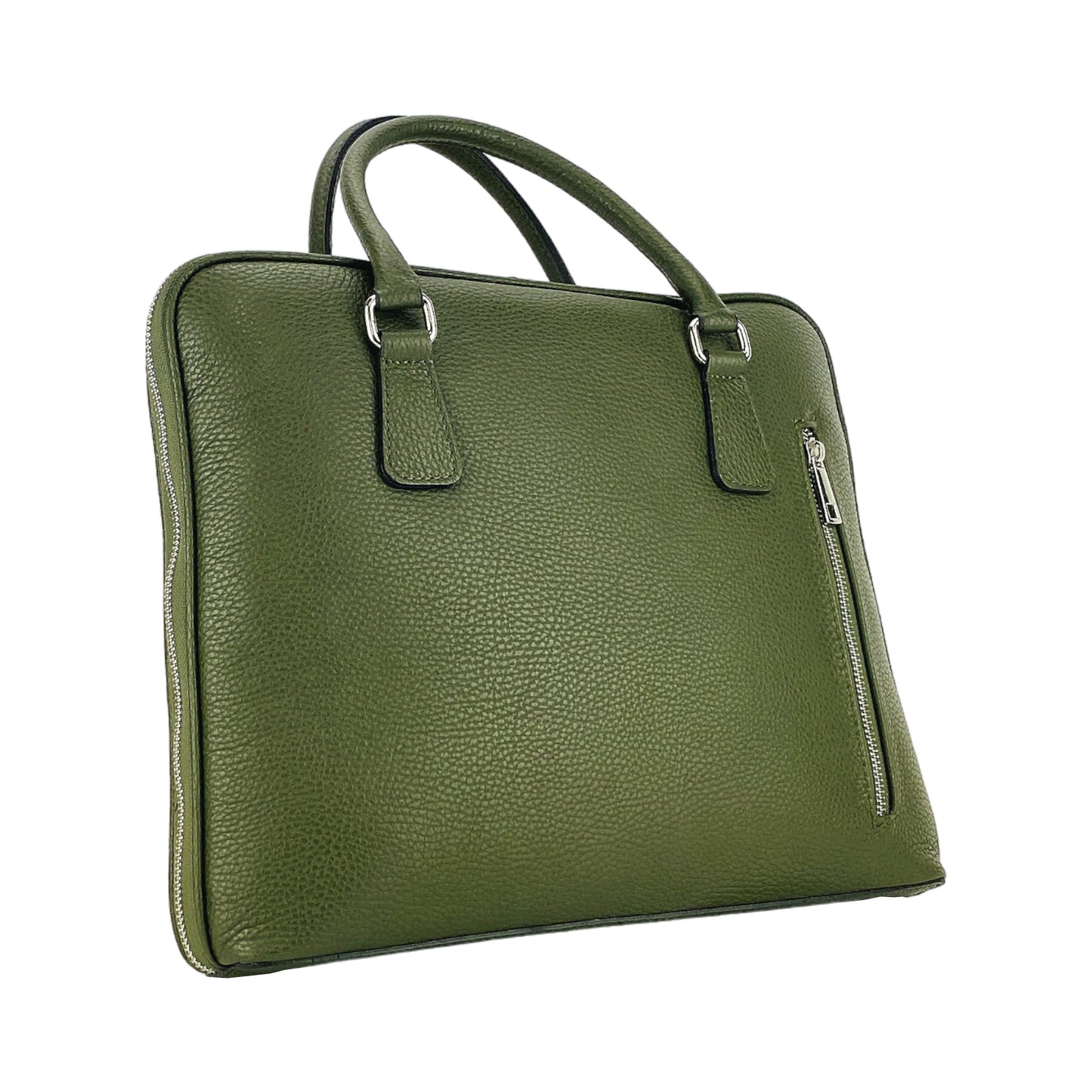 RB1019E | Unisex Business Briefcase in Genuine Leather Made in Italy with removable shoulder strap. Attachments with shiny nickel metal snap hooks - Green color - Dimensions: 37 x 29 x 6.5 cm