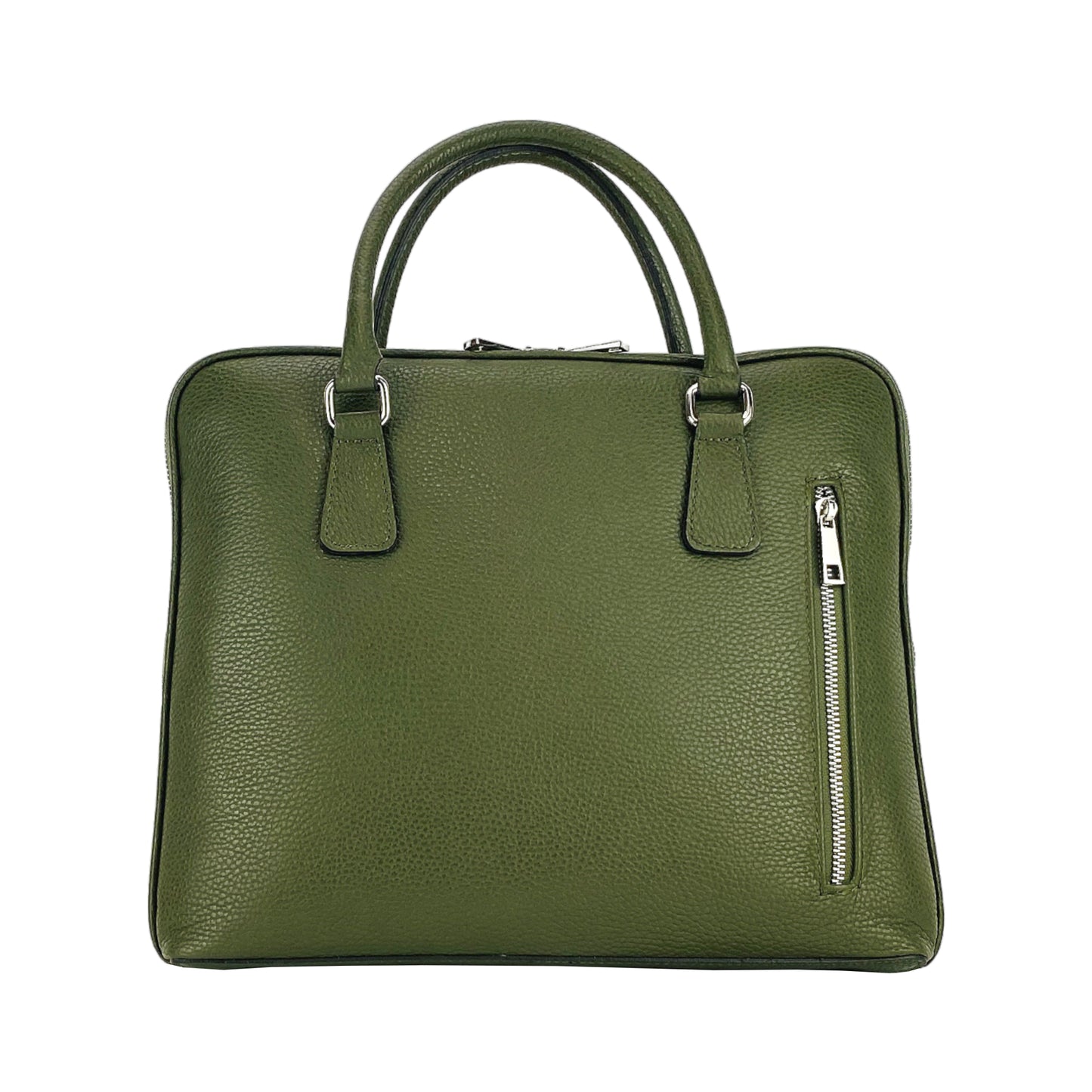 RB1019E | Unisex Business Briefcase in Genuine Leather Made in Italy with removable shoulder strap. Attachments with shiny nickel metal snap hooks - Green color - Dimensions: 37 x 29 x 6.5 cm