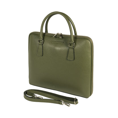 RB1019E | Unisex Business Briefcase in Genuine Leather Made in Italy with removable shoulder strap. Attachments with shiny nickel metal snap hooks - Green color - Dimensions: 37 x 29 x 6.5 cm