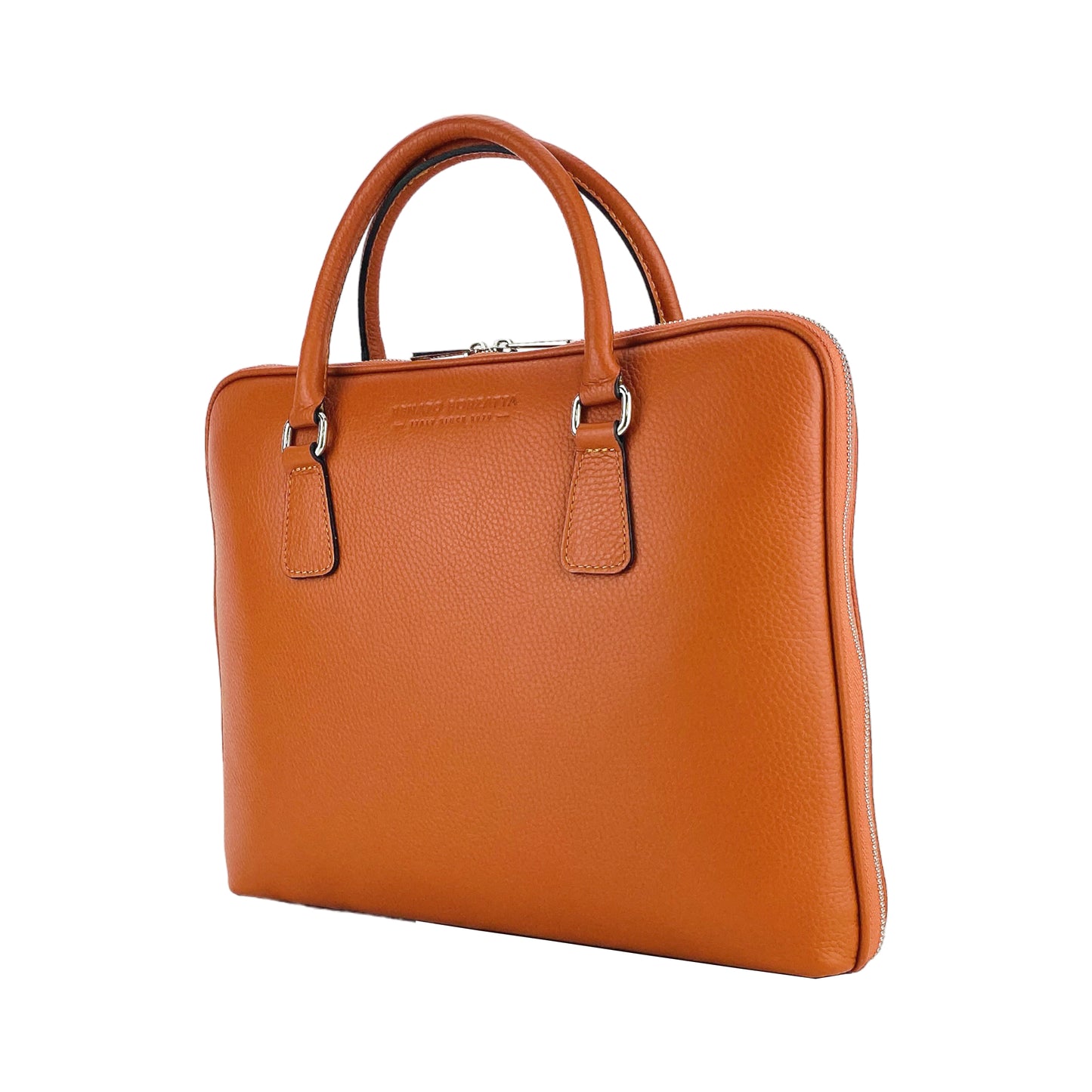 RB1019L | Unisex Business Briefcase in Genuine Leather Made in Italy with removable shoulder strap. Attachments with shiny nickel metal snap hooks - Orange color - Dimensions: 37 x 29 x 6.5 cm