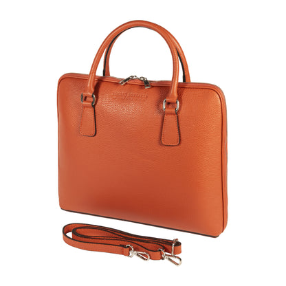 RB1019L | Unisex Business Briefcase in Genuine Leather Made in Italy with removable shoulder strap. Attachments with shiny nickel metal snap hooks - Orange color - Dimensions: 37 x 29 x 6.5 cm