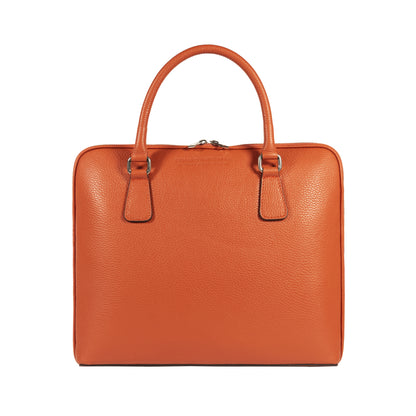 RB1019L | Unisex Business Briefcase in Genuine Leather Made in Italy with removable shoulder strap. Attachments with shiny nickel metal snap hooks - Orange color - Dimensions: 37 x 29 x 6.5 cm