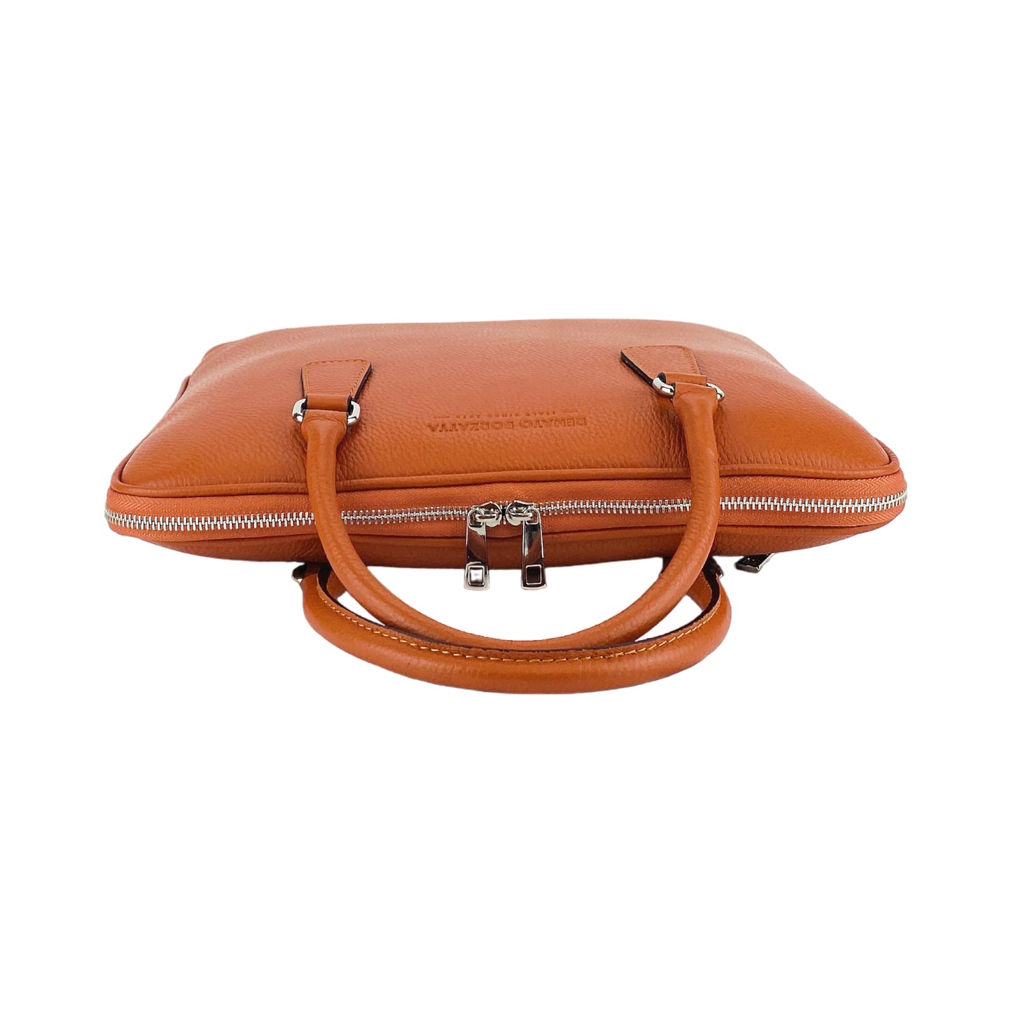 RB1019L | Unisex Business Briefcase in Genuine Leather Made in Italy with removable shoulder strap. Attachments with shiny nickel metal snap hooks - Orange color - Dimensions: 37 x 29 x 6.5 cm