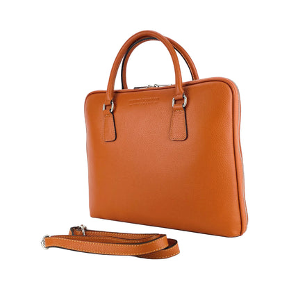 RB1019L | Unisex Business Briefcase in Genuine Leather Made in Italy with removable shoulder strap. Attachments with shiny nickel metal snap hooks - Orange color - Dimensions: 37 x 29 x 6.5 cm