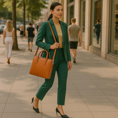 RB1019L | Unisex Business Briefcase in Genuine Leather Made in Italy with removable shoulder strap. Attachments with shiny nickel metal snap hooks - Orange color - Dimensions: 37 x 29 x 6.5 cm