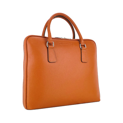 RB1019L | Unisex Business Briefcase in Genuine Leather Made in Italy with removable shoulder strap. Attachments with shiny nickel metal snap hooks - Orange color - Dimensions: 37 x 29 x 6.5 cm