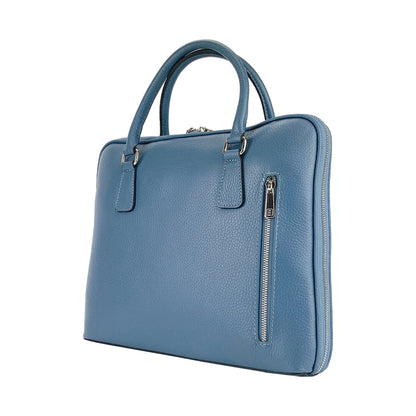 RB1019P | Cartella Business Unisex in Vera Pelle Made in Italy con tracolla removibile. Attacchi con moschettoni in metallo Nickel Lucido - Colore Avio - Dimensioni: cm 37 x 29 x 6,5