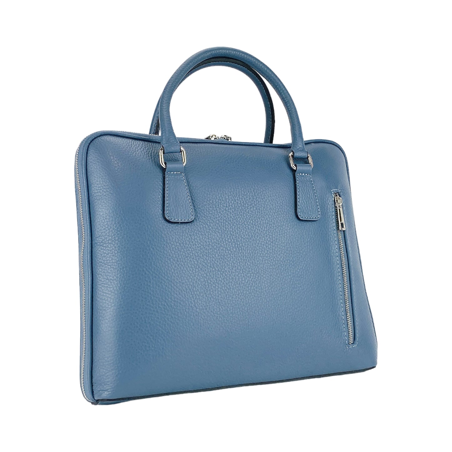 RB1019P | Cartella Business Unisex in Vera Pelle Made in Italy con tracolla removibile. Attacchi con moschettoni in metallo Nickel Lucido - Colore Avio - Dimensioni: cm 37 x 29 x 6,5