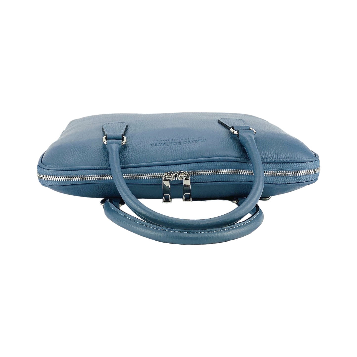 RB1019P | Cartella Business Unisex in Vera Pelle Made in Italy con tracolla removibile. Attacchi con moschettoni in metallo Nickel Lucido - Colore Avio - Dimensioni: cm 37 x 29 x 6,5