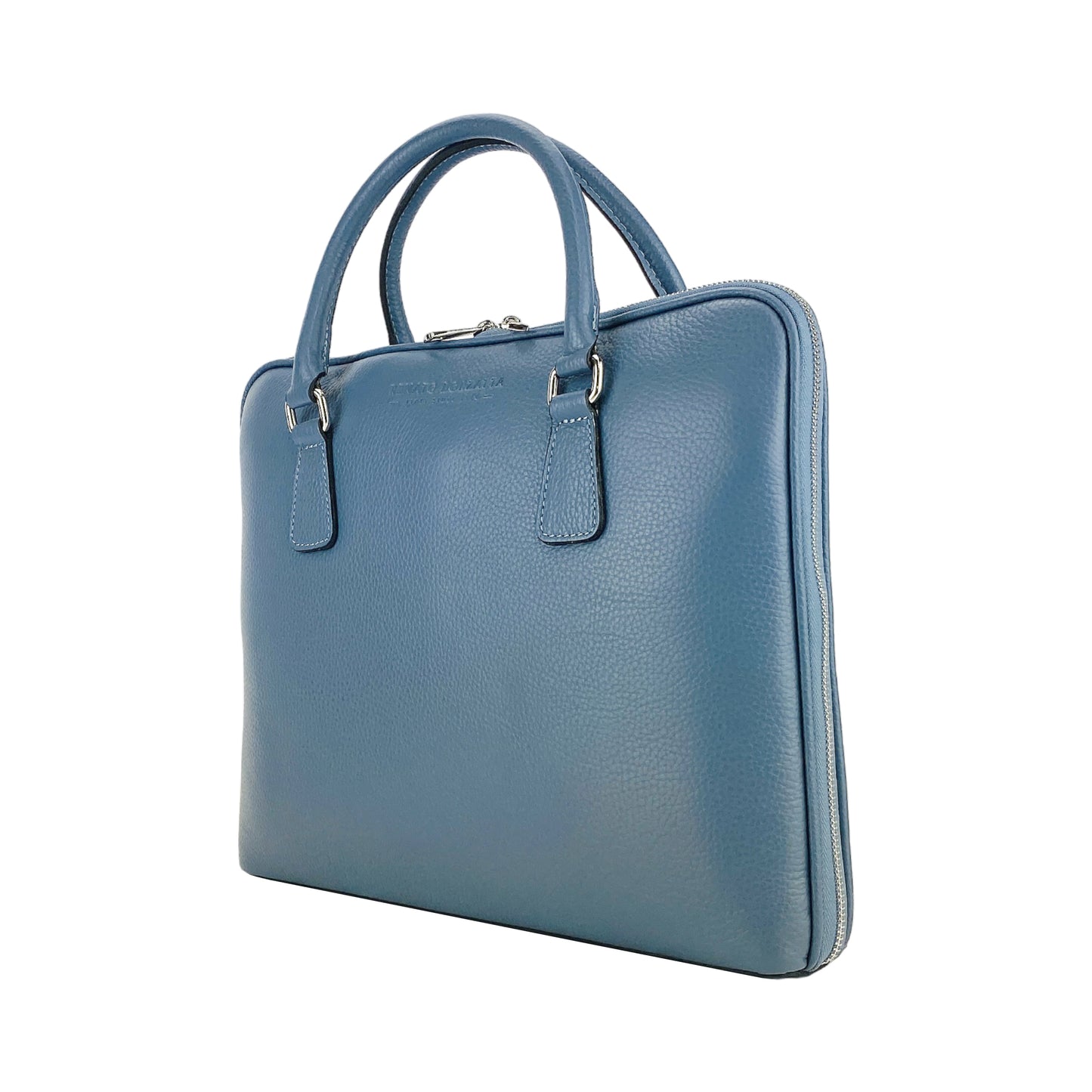 RB1019P | Cartella Business Unisex in Vera Pelle Made in Italy con tracolla removibile. Attacchi con moschettoni in metallo Nickel Lucido - Colore Avio - Dimensioni: cm 37 x 29 x 6,5