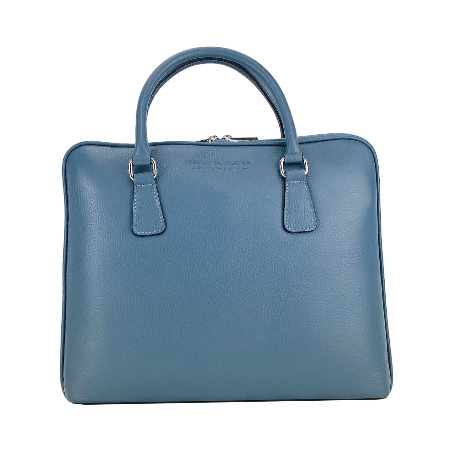 RB1019P | Unisex Business Briefcase in Genuine Leather Made in Italy with removable shoulder strap. Attachments with shiny nickel metal snap hooks - Avio color - Dimensions: 37 x 29 x 6.5 cm