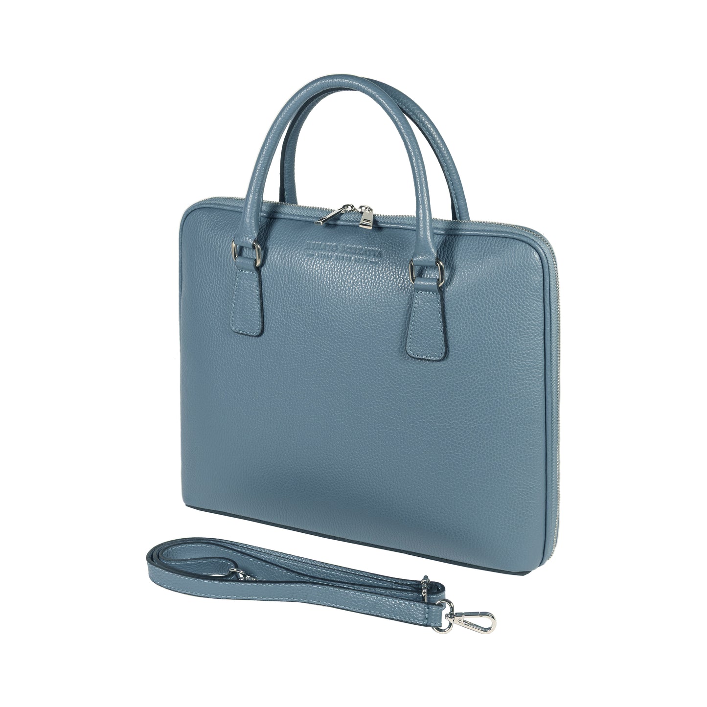 RB1019P | Unisex Business Briefcase in Genuine Leather Made in Italy with removable shoulder strap. Attachments with shiny nickel metal snap hooks - Avio color - Dimensions: 37 x 29 x 6.5 cm