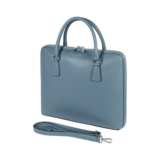 RB1019P | Unisex Business Briefcase in Genuine Leather Made in Italy with removable shoulder strap. Attachments with shiny nickel metal snap hooks - Avio color - Dimensions: 37 x 29 x 6.5 cm