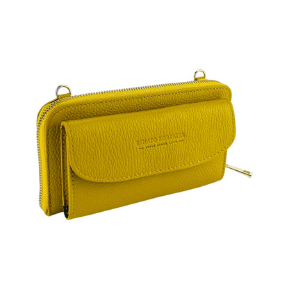 RB1020AR | P/Fogli Woman with Made in Italy Genuine Leather mobile phone holder with removable shoulder strap. Attachments with shiny nickel metal snap hooks. Mustard colour. Dimensions: 19.5 x 11 x 5 cm