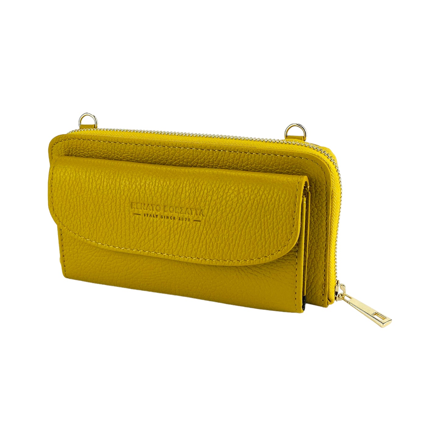 RB1020AR | P/Fogli Woman with Made in Italy Genuine Leather mobile phone holder with removable shoulder strap. Attachments with shiny nickel metal snap hooks. Mustard colour. Dimensions: 19.5 x 11 x 5 cm