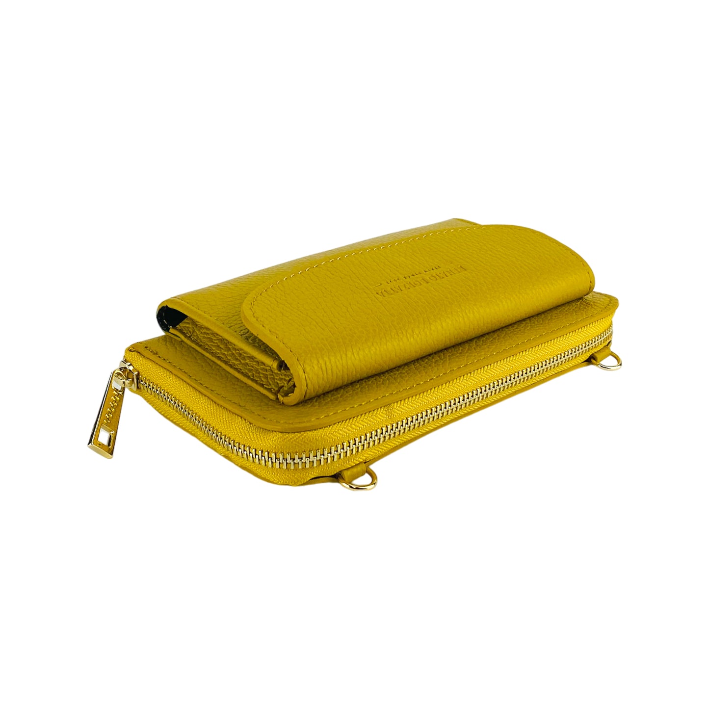 RB1020AR | P/Fogli Woman with Made in Italy Genuine Leather mobile phone holder with removable shoulder strap. Attachments with shiny nickel metal snap hooks. Mustard colour. Dimensions: 19.5 x 11 x 5 cm