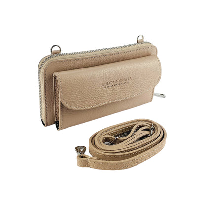 RB1020AU | P/Fogli Woman with Made in Italy Genuine Leather mobile phone holder with removable shoulder strap. Attachments with shiny nickel metal snap hooks. Powder color. Dimensions: 19.5 x 11 x 5 cm