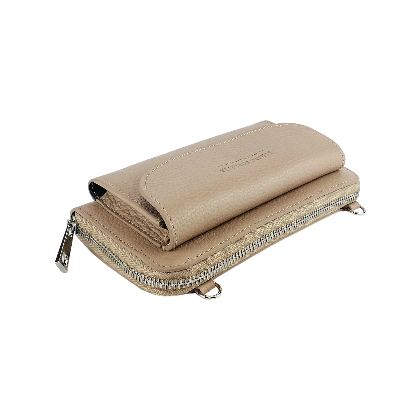 RB1020AU | P/Fogli Woman with Made in Italy Genuine Leather mobile phone holder with removable shoulder strap. Attachments with shiny nickel metal snap hooks. Powder color. Dimensions: 19.5 x 11 x 5 cm