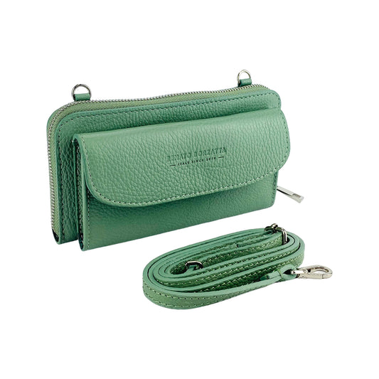 RB1020BF | P/Fogli Woman with Made in Italy Genuine Leather mobile phone holder with removable shoulder strap. Attachments with shiny nickel metal snap hooks. Mint color. Dimensions: 19.5 x 11 x 5 cm