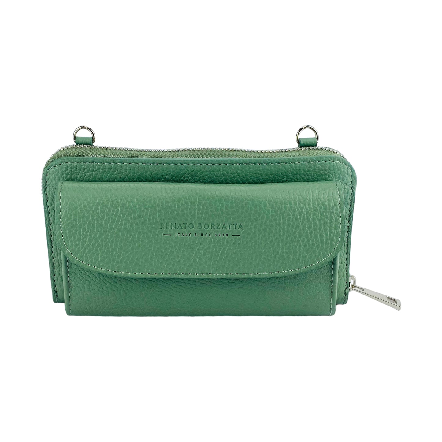 RB1020BF | P/Fogli Donna con portacellulare in Vera Pelle Made in Italy con tracolla removibile. Attacchi con moschettoni in metallo Nickel Lucido. Colore Menta. Dimensioni: cm 19,5 x 11 x 5