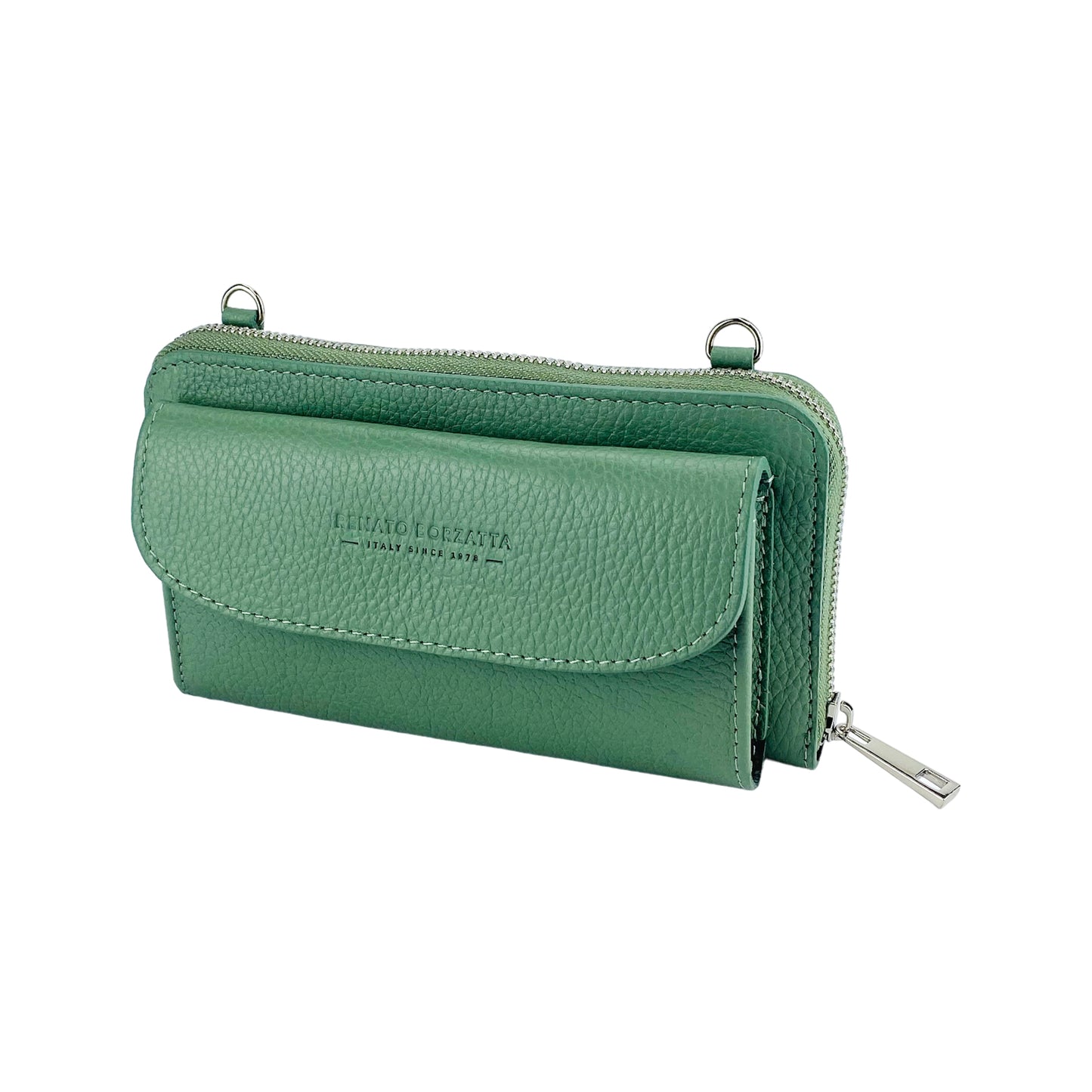 RB1020BF | P/Fogli Donna con portacellulare in Vera Pelle Made in Italy con tracolla removibile. Attacchi con moschettoni in metallo Nickel Lucido. Colore Menta. Dimensioni: cm 19,5 x 11 x 5