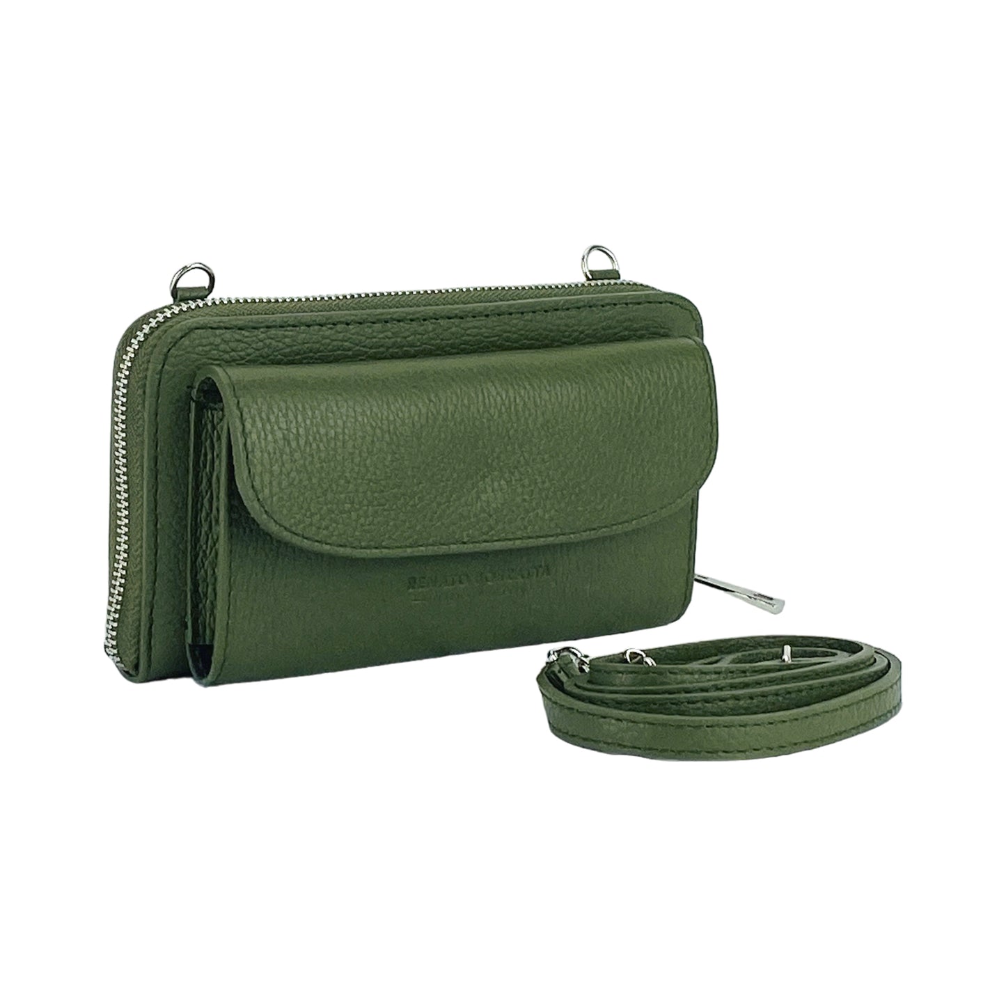 RB1020E | P/Fogli Woman with Made in Italy Genuine Leather mobile phone holder with removable shoulder strap. Attachments with shiny nickel metal snap hooks. Green colour. Dimensions: 19.5 x 11 x 5 cm