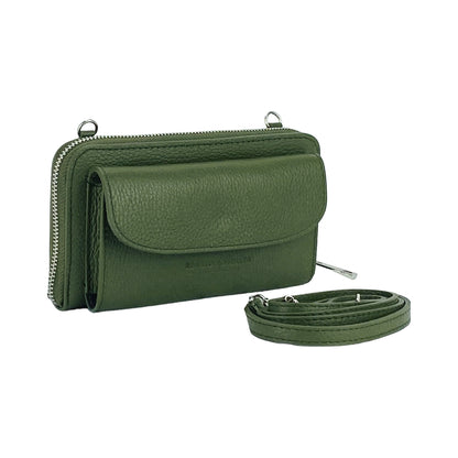 RB1020E | P/Fogli Woman with Made in Italy Genuine Leather mobile phone holder with removable shoulder strap. Attachments with shiny nickel metal snap hooks. Green colour. Dimensions: 19.5 x 11 x 5 cm