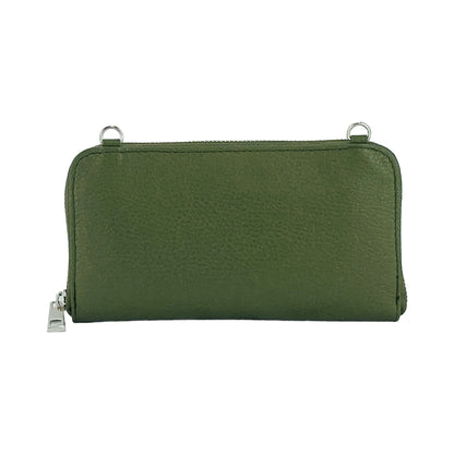 RB1020E | P/Fogli Woman with Made in Italy Genuine Leather mobile phone holder with removable shoulder strap. Attachments with shiny nickel metal snap hooks. Green colour. Dimensions: 19.5 x 11 x 5 cm