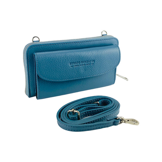 RB1020P | P/Fogli Woman with Made in Italy Genuine Leather mobile phone holder with removable shoulder strap. Attachments with shiny nickel metal snap hooks. Aviation color. Dimensions: 19.5 x 11 x 5 cm