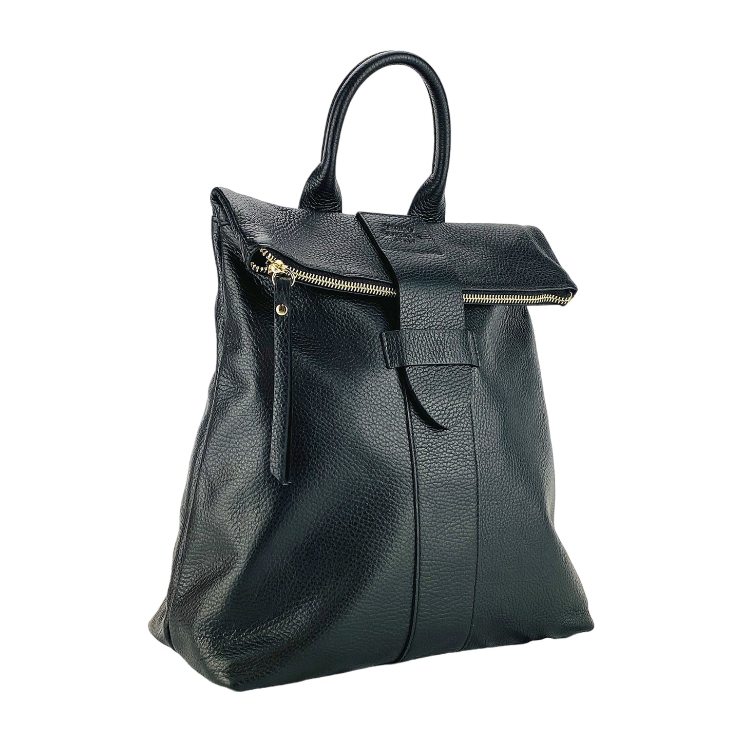 RB1021A | Zaino Donna Morbido in Vera Pelle Made in Italy con Spallacci regolabili. Chiusura lampo e Accessori in metallo Oro Lucido - Colore Nero - Dimensioni: cm 30 x 34 x 10,5