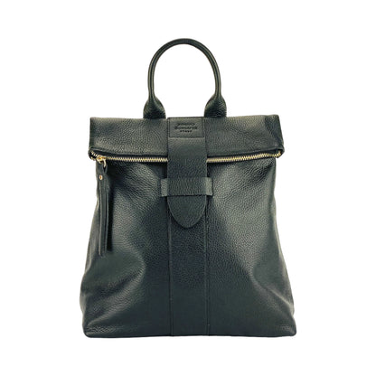 RB1021A | Zaino Donna Morbido in Vera Pelle Made in Italy con Spallacci regolabili. Chiusura lampo e Accessori in metallo Oro Lucido - Colore Nero - Dimensioni: cm 30 x 34 x 10,5