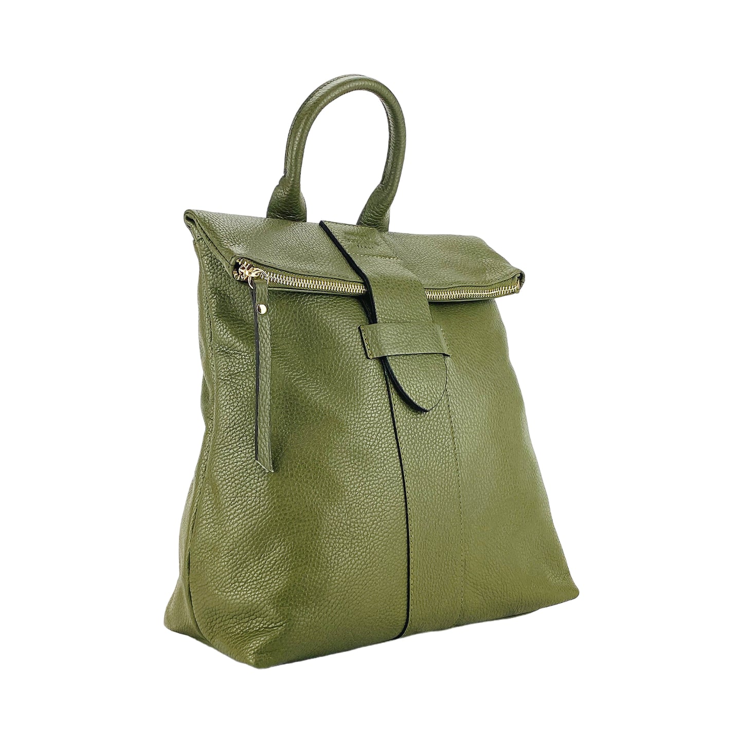 RB1021E | Zaino Donna Morbido in Vera Pelle Made in Italy con Spallacci regolabili. Chiusura lampo e Accessori in metallo Oro Lucido - Colore Verde - Dimensioni: cm 30 x 34 x 10,5