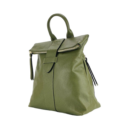 RB1021E | Zaino Donna Morbido in Vera Pelle Made in Italy con Spallacci regolabili. Chiusura lampo e Accessori in metallo Oro Lucido - Colore Verde - Dimensioni: cm 30 x 34 x 10,5