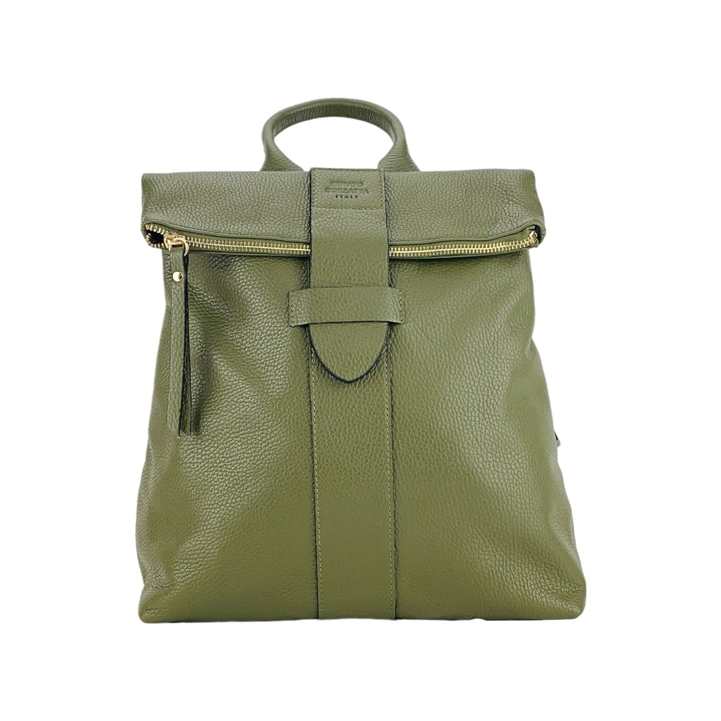 RB1021E | Zaino Donna Morbido in Vera Pelle Made in Italy con Spallacci regolabili. Chiusura lampo e Accessori in metallo Oro Lucido - Colore Verde - Dimensioni: cm 30 x 34 x 10,5