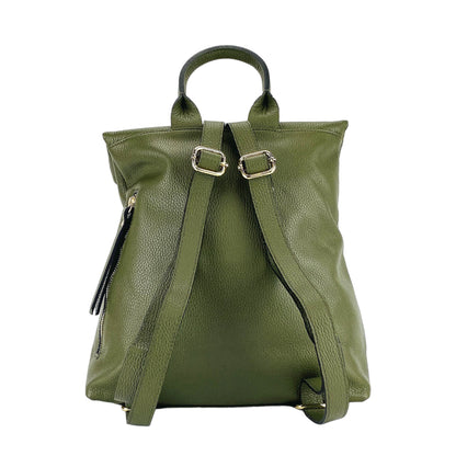 RB1021E | Zaino Donna Morbido in Vera Pelle Made in Italy con Spallacci regolabili. Chiusura lampo e Accessori in metallo Oro Lucido - Colore Verde - Dimensioni: cm 30 x 34 x 10,5