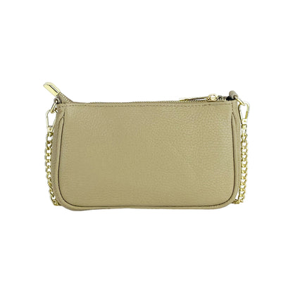 RB1022AQ | Borsa Piccola in Vera Pelle Made in Italy con Tracolla a catena removibile. Chiusura con lampo e Accessori in metallo Oro Lucido - Colore Taupe - Dimensioni: cm 20 x 12 x 6