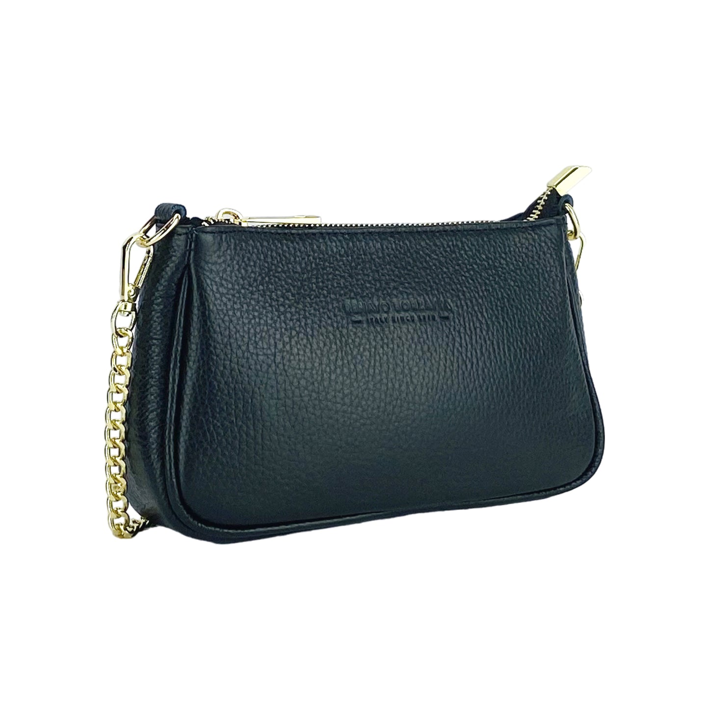 RB1022A | Borsa Piccola in Vera Pelle Made in Italy con Tracolla a catena removibile. Chiusura con lampo e Accessori in metallo Oro Lucido - Colore Nero - Dimensioni: cm 20 x 12 x 6