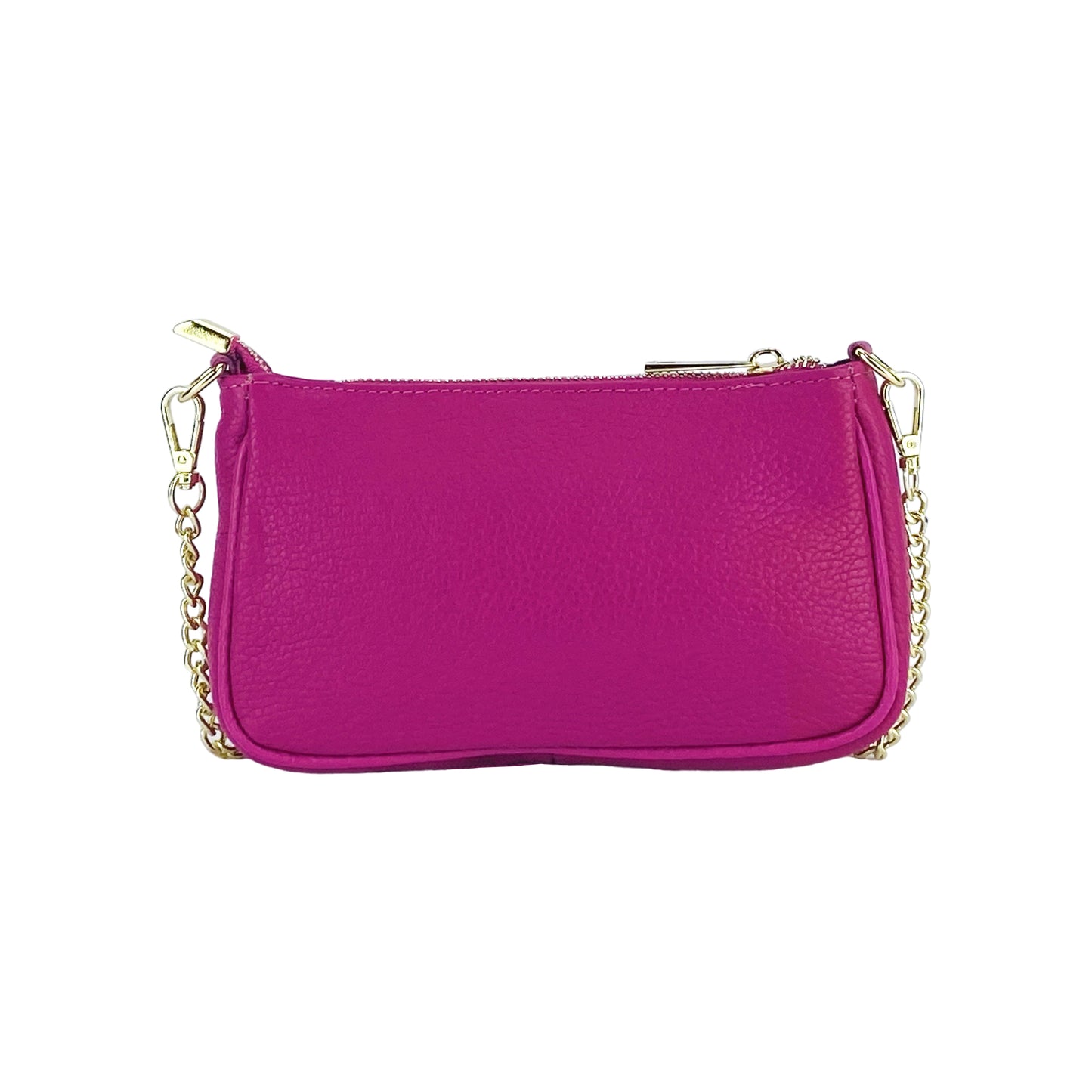 RB1022BE | Borsa Piccola in Vera Pelle Made in Italy con Tracolla a catena removibile. Chiusura con lampo e Accessori in metallo Oro Lucido - Colore Fuxia - Dimensioni: cm 20 x 12 x 6