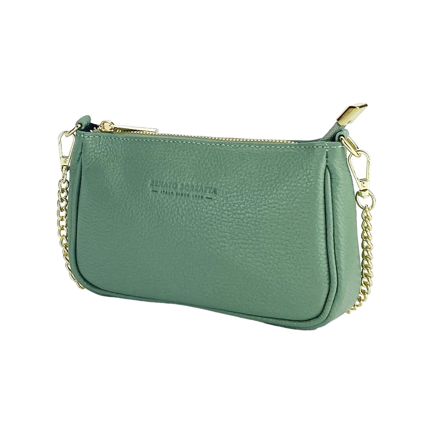 RB1022BF | Borsa Piccola in Vera Pelle Made in Italy con Tracolla a catena removibile. Chiusura con lampo e Accessori in metallo Oro Lucido - Colore Menta - Dimensioni: cm 20 x 12 x 6