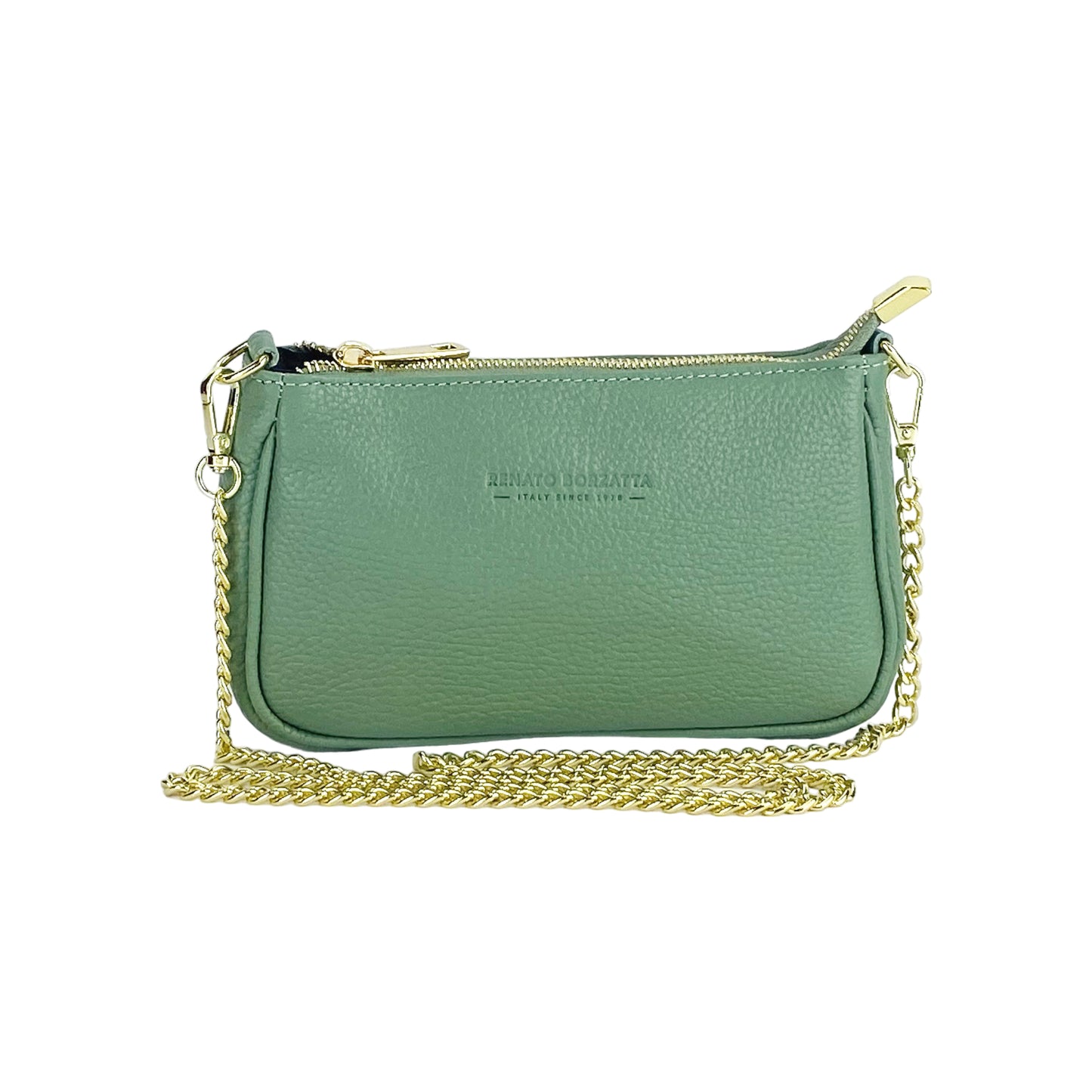 RB1022BF | Borsa Piccola in Vera Pelle Made in Italy con Tracolla a catena removibile. Chiusura con lampo e Accessori in metallo Oro Lucido - Colore Menta - Dimensioni: cm 20 x 12 x 6