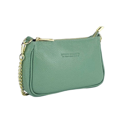 RB1022BF | Borsa Piccola in Vera Pelle Made in Italy con Tracolla a catena removibile. Chiusura con lampo e Accessori in metallo Oro Lucido - Colore Menta - Dimensioni: cm 20 x 12 x 6