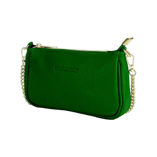 RB1022E | Small bag in genuine leather Made in Italy with removable chain shoulder strap. Zipper closure and shiny gold metal accessories - Green colour - Dimensions: 20 x 12 x 6 cm