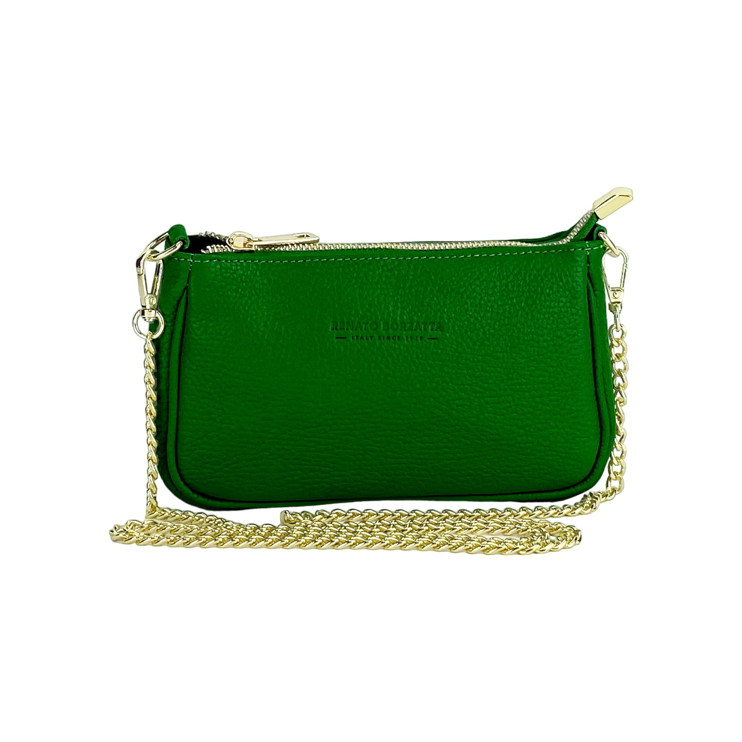 RB1022E | Borsa Piccola in Vera Pelle Made in Italy con Tracolla a catena removibile. Chiusura con lampo e Accessori in metallo Oro Lucido - Colore Verde - Dimensioni: cm 20 x 12 x 6