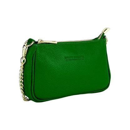 RB1022E | Borsa Piccola in Vera Pelle Made in Italy con Tracolla a catena removibile. Chiusura con lampo e Accessori in metallo Oro Lucido - Colore Verde - Dimensioni: cm 20 x 12 x 6