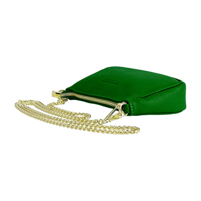 RB1022E | Borsa Piccola in Vera Pelle Made in Italy con Tracolla a catena removibile. Chiusura con lampo e Accessori in metallo Oro Lucido - Colore Verde - Dimensioni: cm 20 x 12 x 6