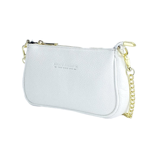 RB1022W | Small bag in genuine leather Made in Italy with removable chain shoulder strap. Zipper closure and shiny gold metal accessories - White color - Dimensions: 20 x 12 x 6 cm