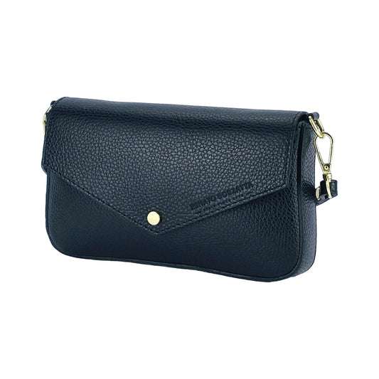 RB1023A | Small Shoulder Bag with Removable Chain Shoulder Strap in Genuine Leather Made in Italy. Closing flap. Polished Gold metal accessories - Black color - Dimensions: 22 x 12 x 3 cm