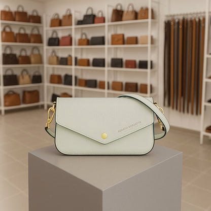 RB1023AB | Borsa piccola a Spalla con Tracolla a catena removibile in Vera Pelle Made in Italy. Pattina di Chiusura. Accessori in metallo Oro Lucido - Colore Avorio - Dimensioni: cm 22 x 12 x 3