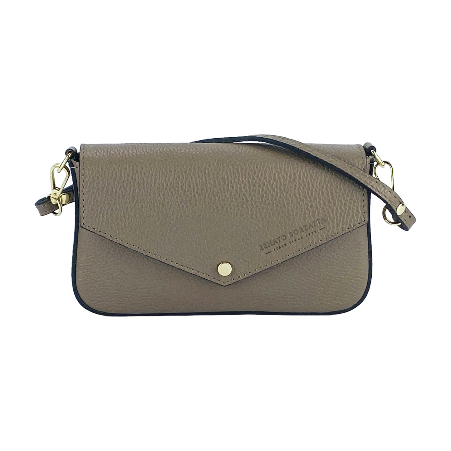 RB1023AQ | Borsa piccola a Spalla con Tracolla a catena removibile in Vera Pelle Made in Italy. Pattina di Chiusura. Accessori in metallo Oro Lucido - Colore Taupe - Dimensioni: cm 22 x 12 x 3